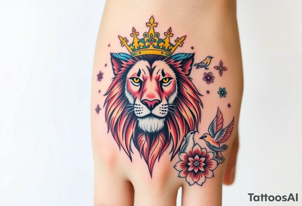 powerful majestic lion with a crown, surrounded by floral ornaments and birds tattoo idea