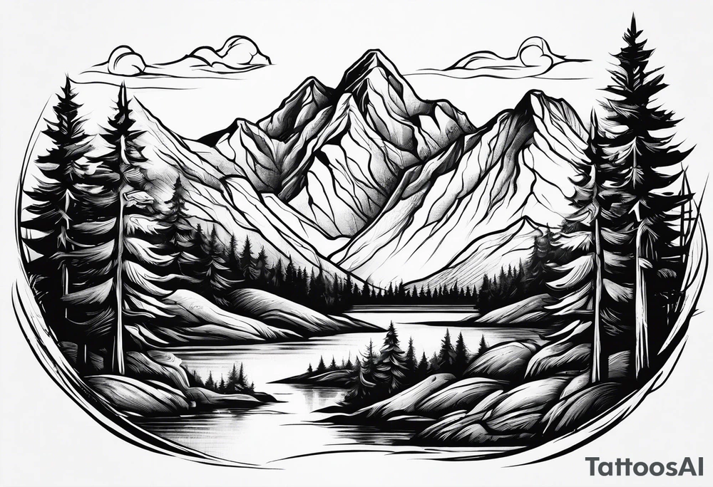 Mountains valley trees tattoo idea