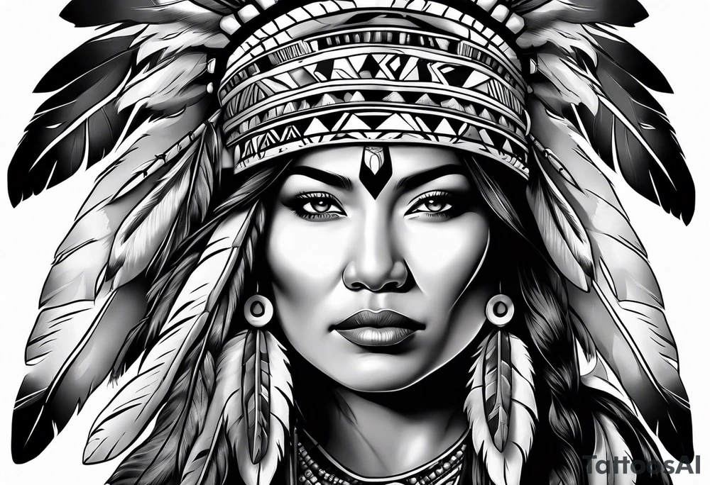 Native American woman chief with wolf tattoo idea