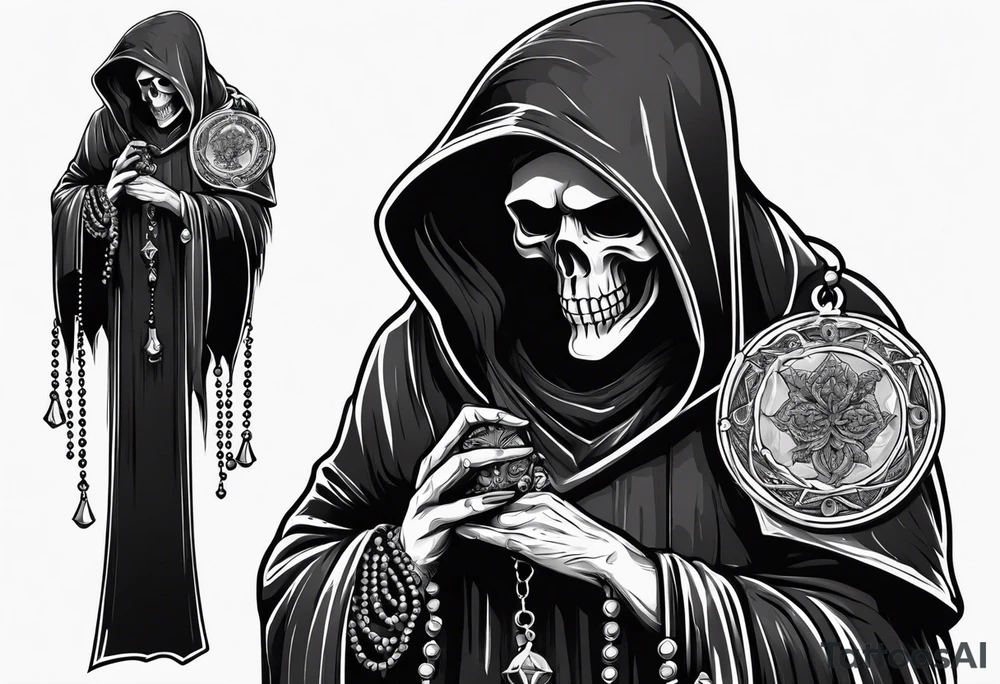 Grim reaper holding rosary with creepy design sleeve tattoo idea