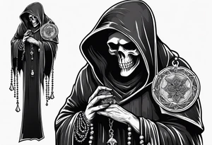 Grim reaper holding rosary with creepy design sleeve tattoo idea