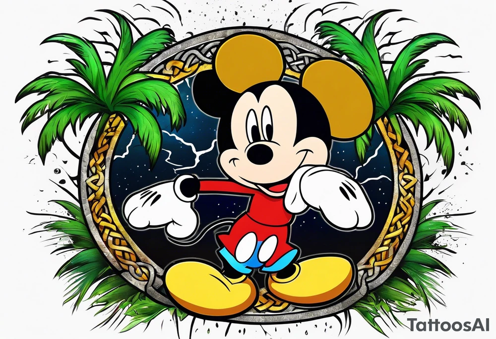 mickey mouse in a lightning storm with palm trees and the celtic symbol for family tattoo idea