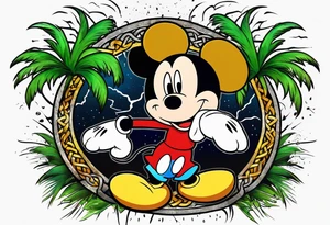 mickey mouse in a lightning storm with palm trees and the celtic symbol for family tattoo idea