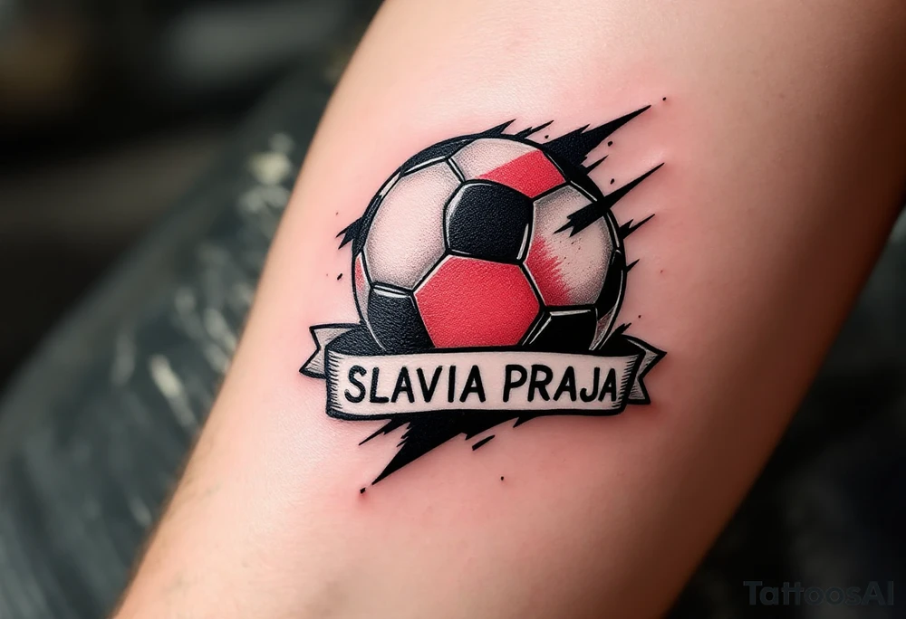 A bold black and red soccer ball wrapped in the iconic Slavia PRAHA star and banner. tattoo idea