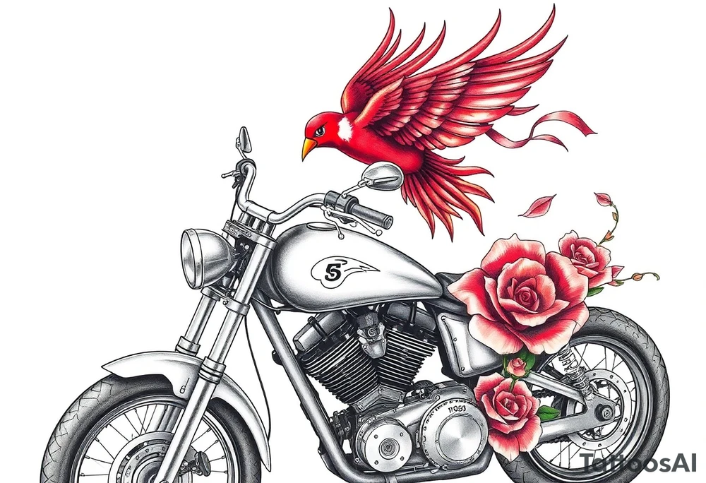 Motorcycle, red bird flying, roses and lace, flames tattoo idea
