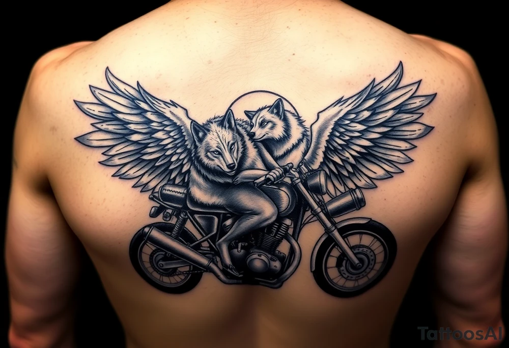 guardian angel wolves on a motorcycle tattoo idea