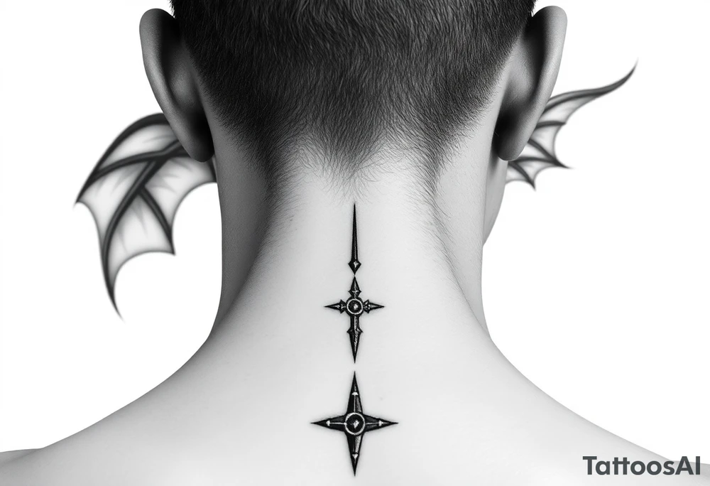 position behind the neck Angel (on the right) whispering in the right ear, demon (on the left) whispering in the left ear tattoo idea