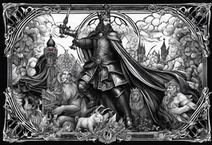 Illustrate a powerful scene where the angelic king checkmates the demonic king, symbolizing the triumph of good over evil in the strategic game of life. tattoo idea