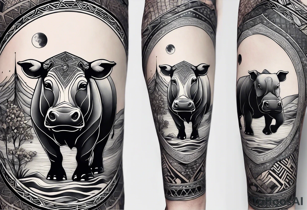 Very asymmetrical, +geometric pattern, with realistic full moon, with hippo,+tribal, +geometric, +inkart , +blackwork, +grey scale, + sketch
with wintersweet flower bud, +for men, detailed layering , modify from my favourites , dont look like a cow tattoo idea