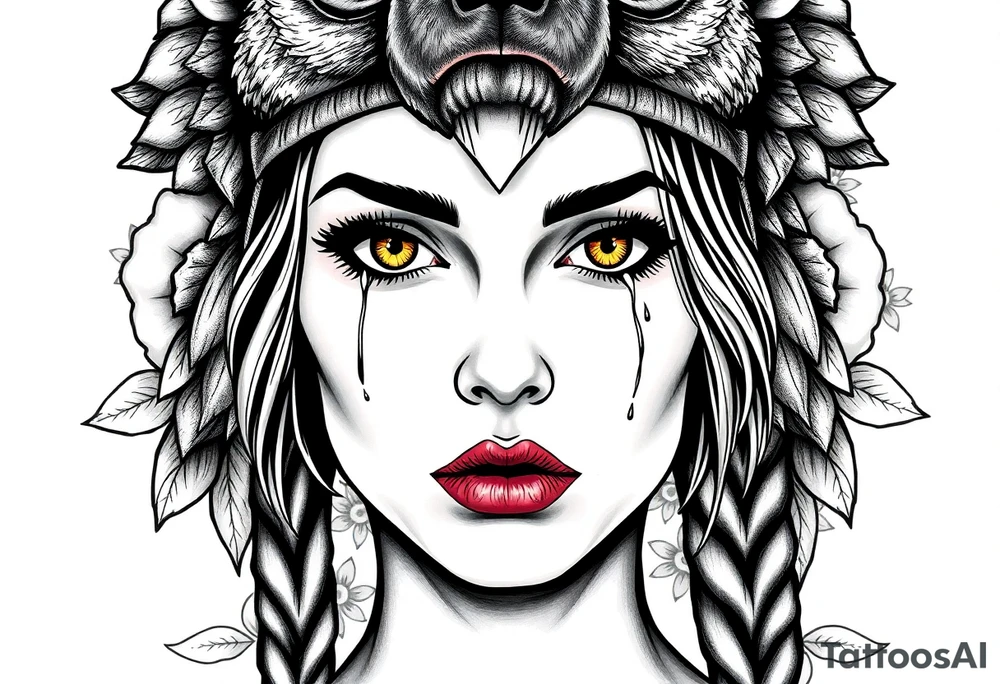 Young Symmetrical Beautiful Woman, looking forward, with colored eyes, shedding a tear, with battle scars and blood on face, with soft look, wearing a mean looking bear headdress on head, with flower background tattoo idea
