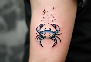 A tiny crab outlined in black with the Cancer star constellation traced above in twinkling pastel stars. tattoo idea