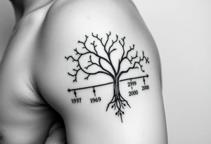 Make a family tree timeline 
With 1 parent year of birth 1957
And 4 kids 1980,1989,1998,2000 tattoo idea