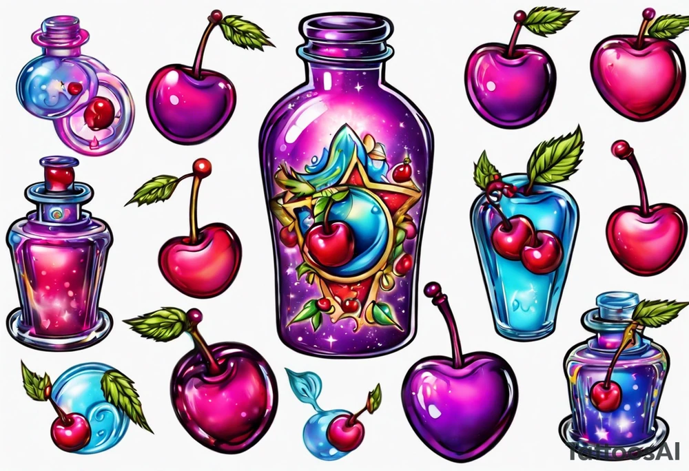 Lisa frank potion bottle with cherries inside tattoo idea