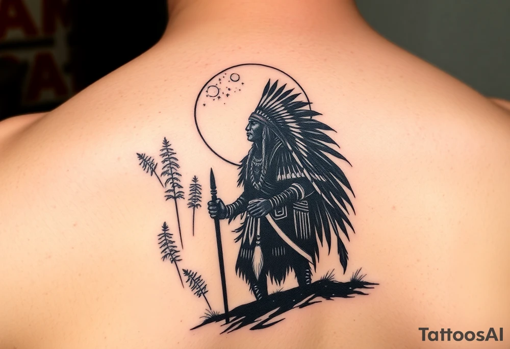 Native american warriors silhouette in moonlight in nature tattoo idea