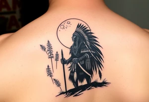 Native american warriors silhouette in moonlight in nature tattoo idea