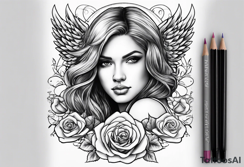 Angel, roses, name MARTINA tattoo idea