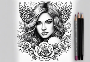 Angel, roses, name MARTINA tattoo idea