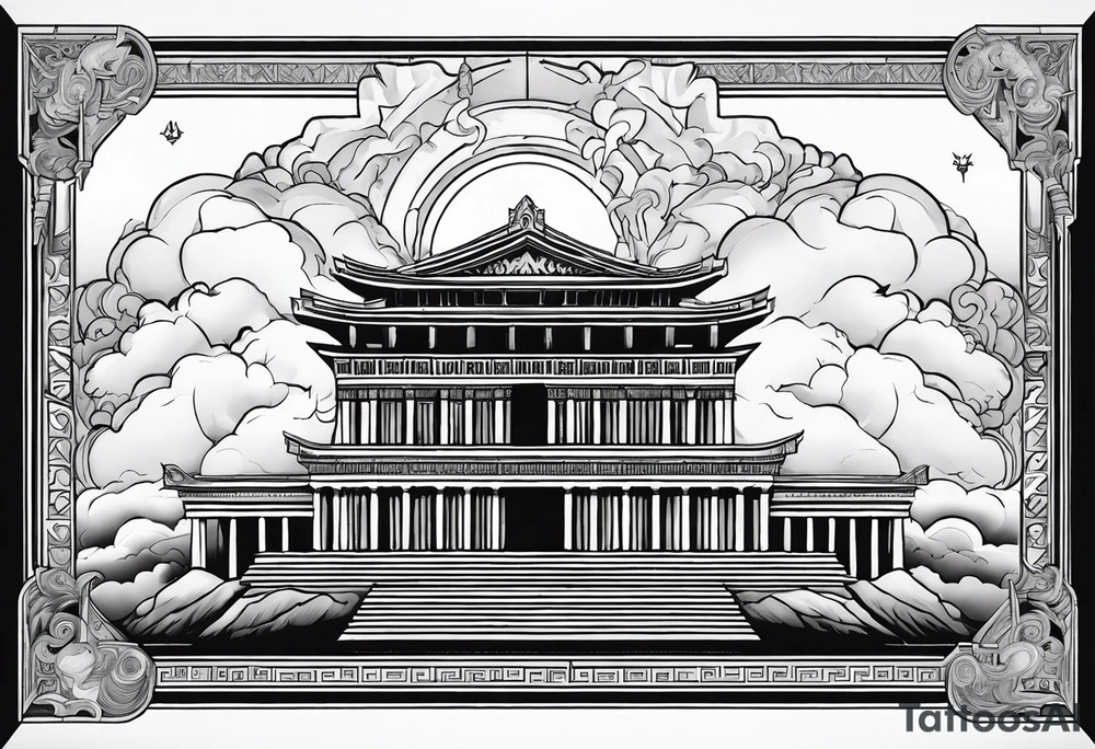 a depiction of Mount Olympus, the home of the gods, complete with towering clouds and the grandeur of the gods' palaces. Zeus, the king of the gods, could be featured with his lightning bolt, or you might choose to include Athena, goddess of wisdom, in full battle armor. tattoo idea