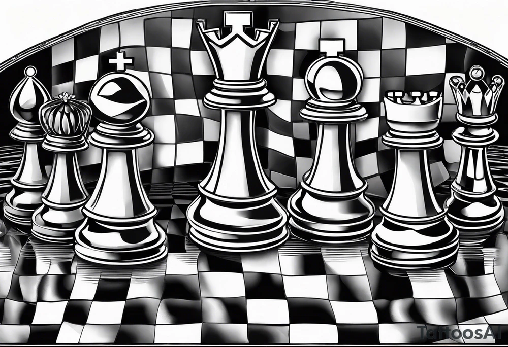 narrow rectangle strip made of chess queens and pawns holding hands tattoo idea