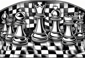 narrow rectangle strip made of chess queens and pawns holding hands tattoo idea