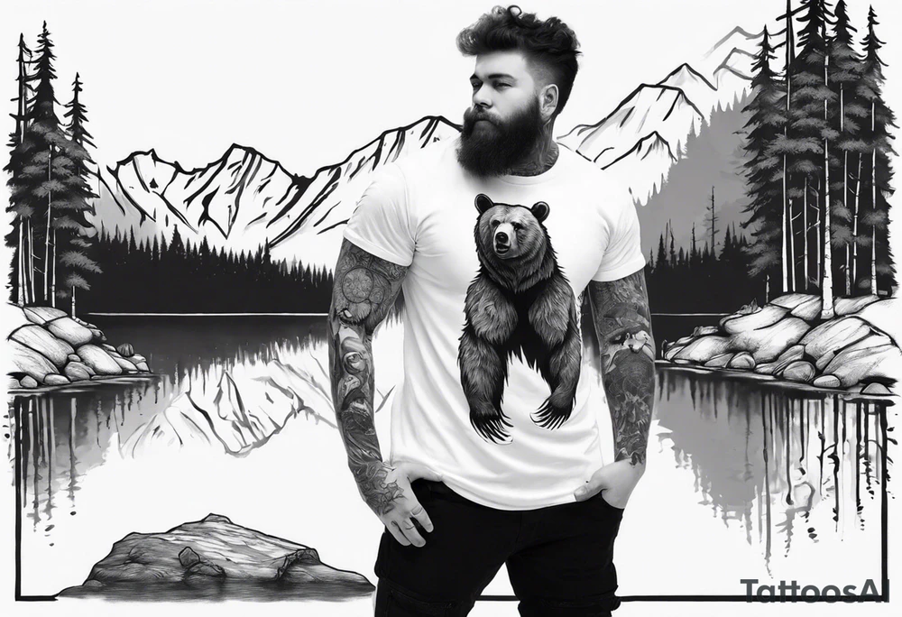 bear head right above the forest line with a lake below, full arm sleeve tattoo tattoo idea