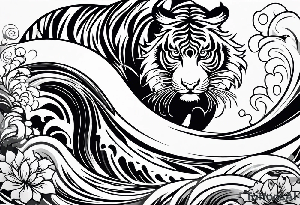 Inspired by Japanese art, this design features the tiger’s body depicted with dramatic, flowing curves and swirls. The background includes flowing water currents and floral motifs. This design is black and white and dynamic, capturing the movement and spirit of the tiger in a traditional Japanese aesthetic. tattoo idea