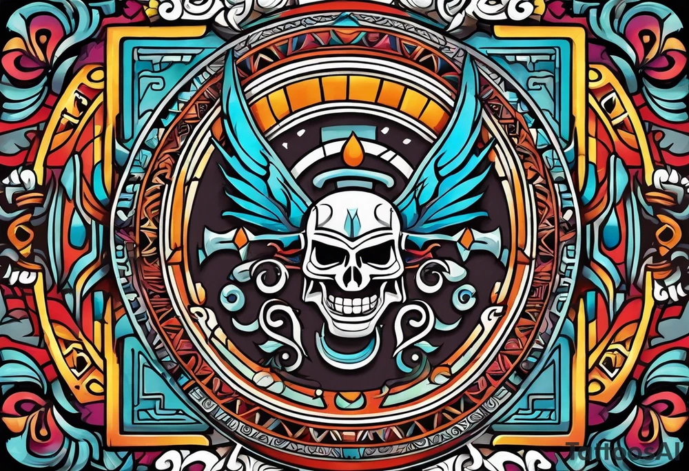 Colorful Mayan hieroglyph with bats and water tattoo idea