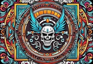 Colorful Mayan hieroglyph with bats and water tattoo idea