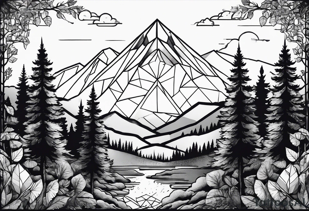 a forest along the edges with mountains below and in the distance with full trees and a diamond in the middle tattoo idea