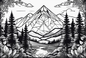 a forest along the edges with mountains below and in the distance with full trees and a diamond in the middle tattoo idea
