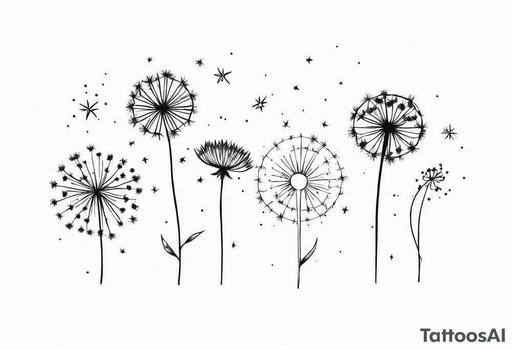 Dandelions with just breathe and the constellations cancer, Virgo, Sagittarius, Aries and Pisces as the petals tattoo idea