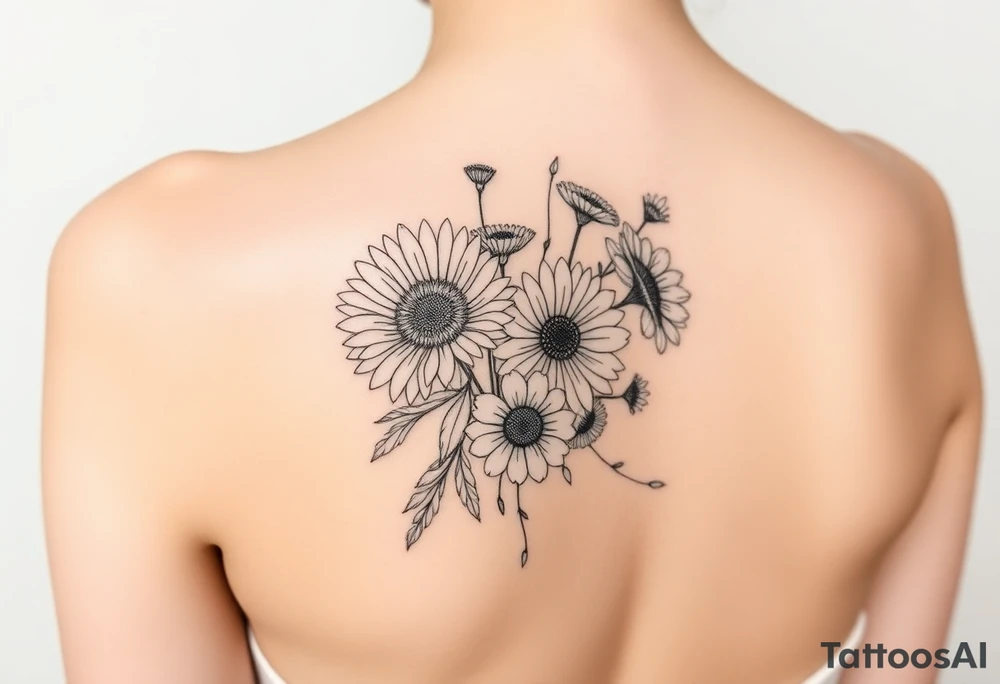 Flower bouquet with chrysanthemum, poppy, cosmo, daisy tattoo idea