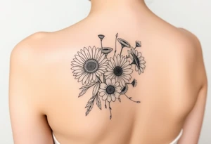 Flower bouquet with chrysanthemum, poppy, cosmo, daisy tattoo idea