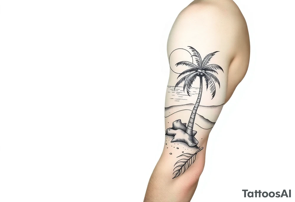 fine line, peaceful, serene, timeless, ocean, sand, palm tree, sun tattoo idea