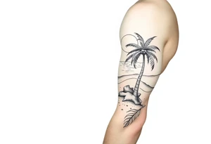 fine line, peaceful, serene, timeless, ocean, sand, palm tree, sun tattoo idea