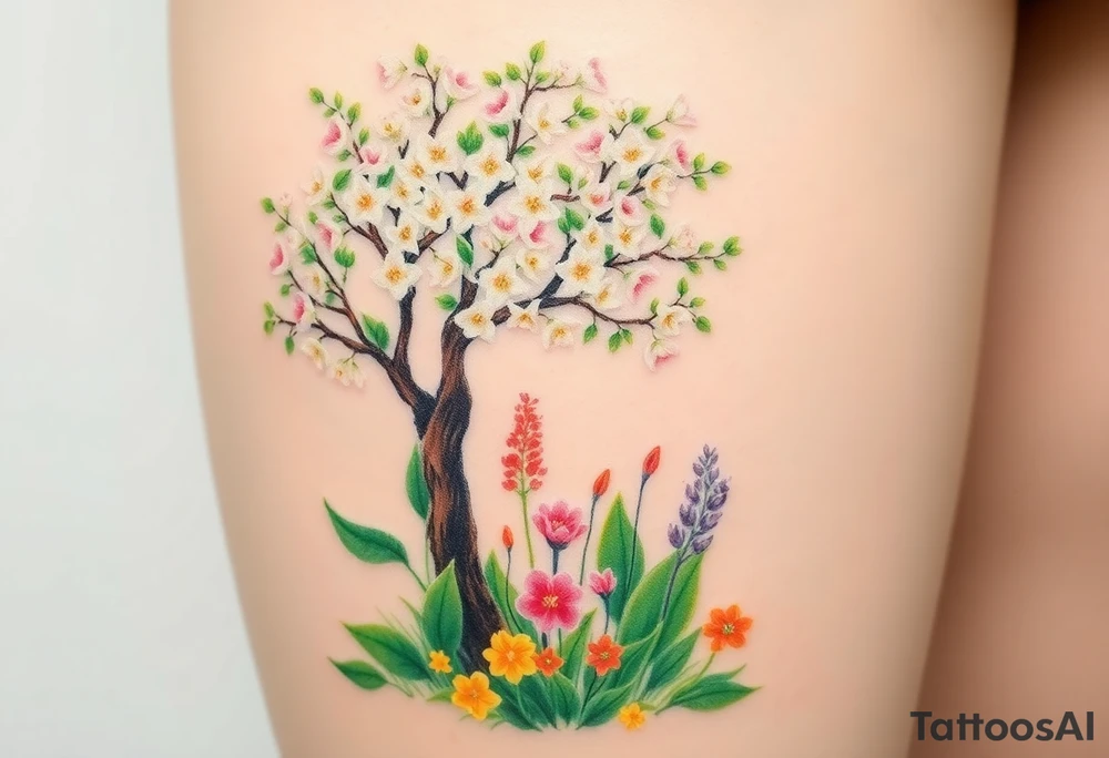 Lilly of the vally plants underneath a blooming hawthorn tree with other colorful lilly plants on ground tattoo idea
