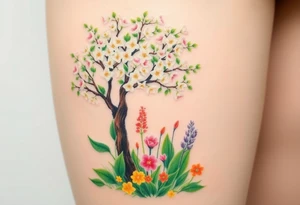 Lilly of the vally plants underneath a blooming hawthorn tree with other colorful lilly plants on ground tattoo idea