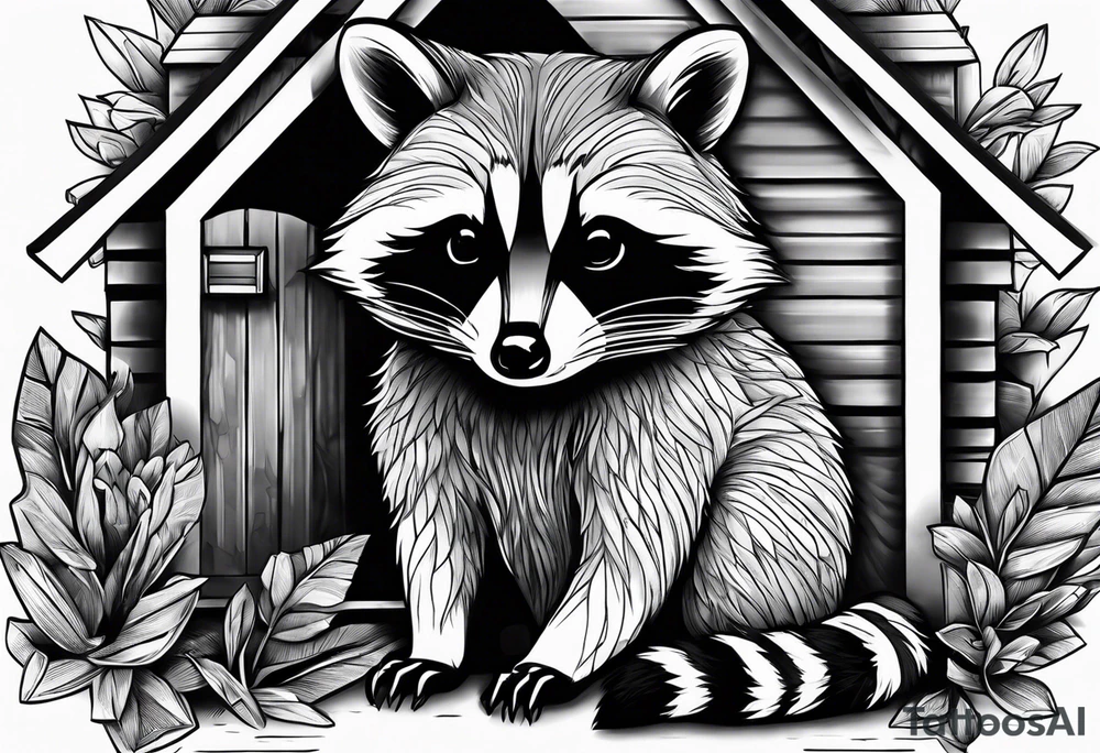 Raccoon Family playing in Front of their New house tattoo idea