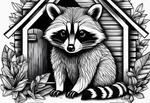 Raccoon Family playing in Front of their New house tattoo idea