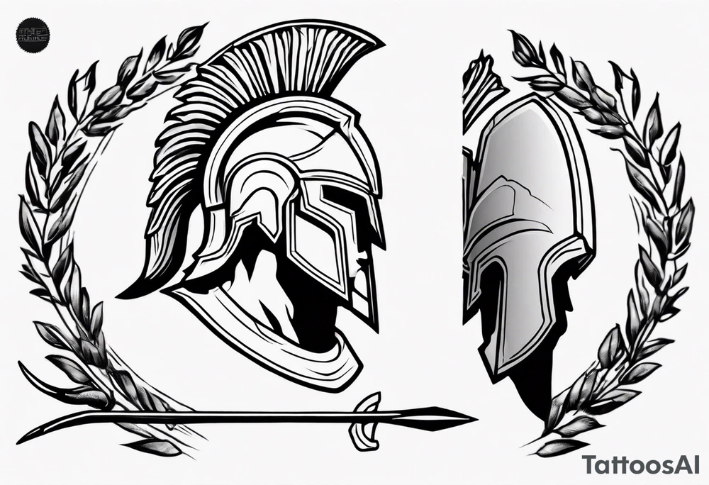rectangular landscape format ultra-fine line linework vector of a spartan from the side, spartan spear, spartan shield, laurel wreath tattoo idea