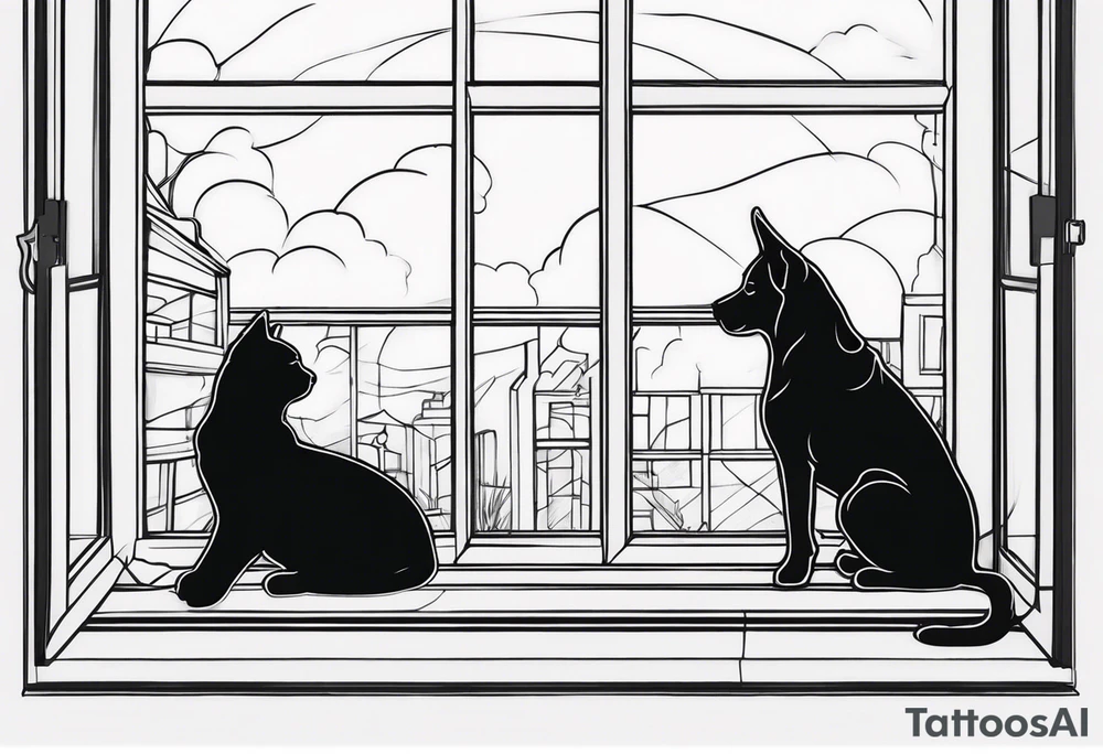 dog and cat sitting on floor and looking out tall thin window together tattoo idea