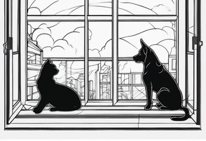 dog and cat sitting on floor and looking out tall thin window together tattoo idea