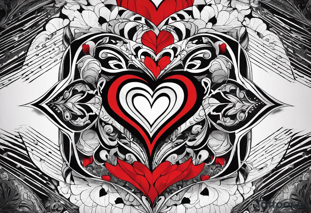 create a tattoo for men chest, the tattoo would be a big broken heart with red and blue colors, and around the heart, would be blue and red tribal shapes tattoo idea