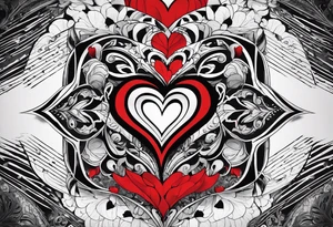create a tattoo for men chest, the tattoo would be a big broken heart with red and blue colors, and around the heart, would be blue and red tribal shapes tattoo idea