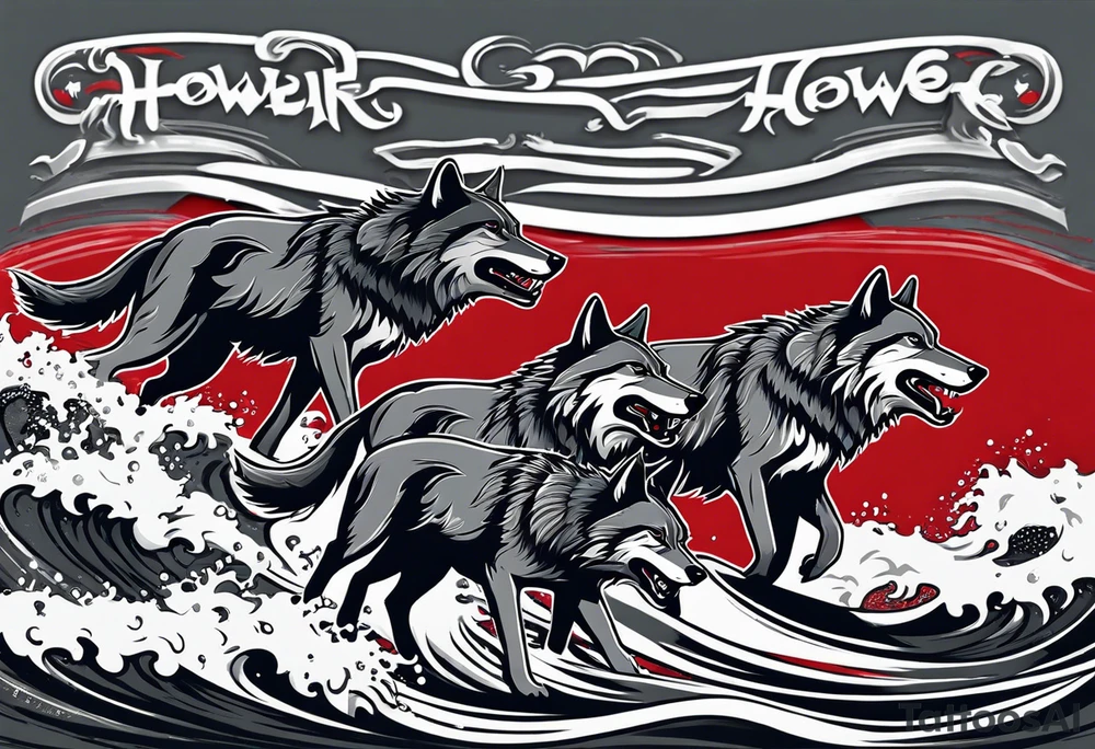 a pack of 3 howling muscular  gray wolves surfing waves with a linear background with red, white and black and gray including the word Howler in an aggressive script font tattoo idea