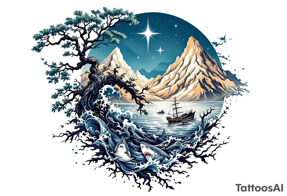tattoo that has an acacia tree with mountains, ocean with a ship wreck with sharks and the bright northern star tattoo idea
