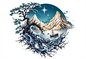 tattoo that has an acacia tree with mountains, ocean with a ship wreck with sharks and the bright northern star tattoo idea