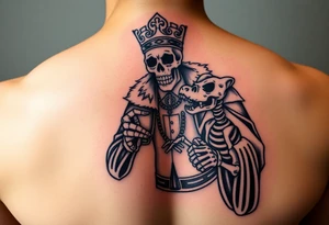 evil skeleton king in clothes having a good time getting drunk with skeleton dog tattoo idea