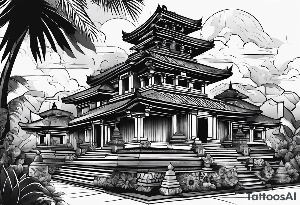 Bali temples black and grey with sunflower tattoo idea