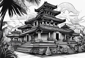 Bali temples black and grey with sunflower tattoo idea